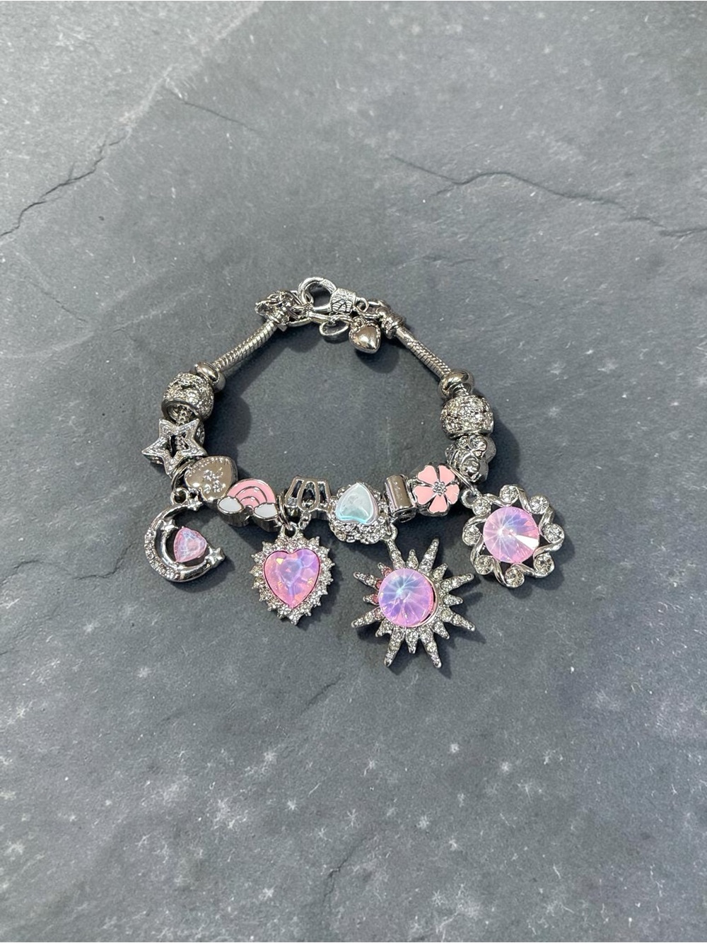 Silver Charm Bracelet with Pink Crystal Heart and Sun Charms